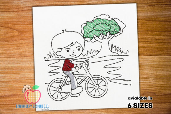 Boy Riding Bicycle in the Park: A Charming Embroidery Design
