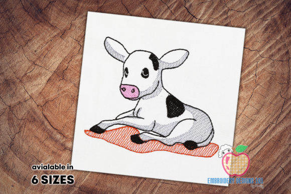 Charming Cute Calf Laying on Ground Embroidery