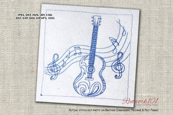 Guitar with Musical Notes Redwork: A Festive Embroidery Gem